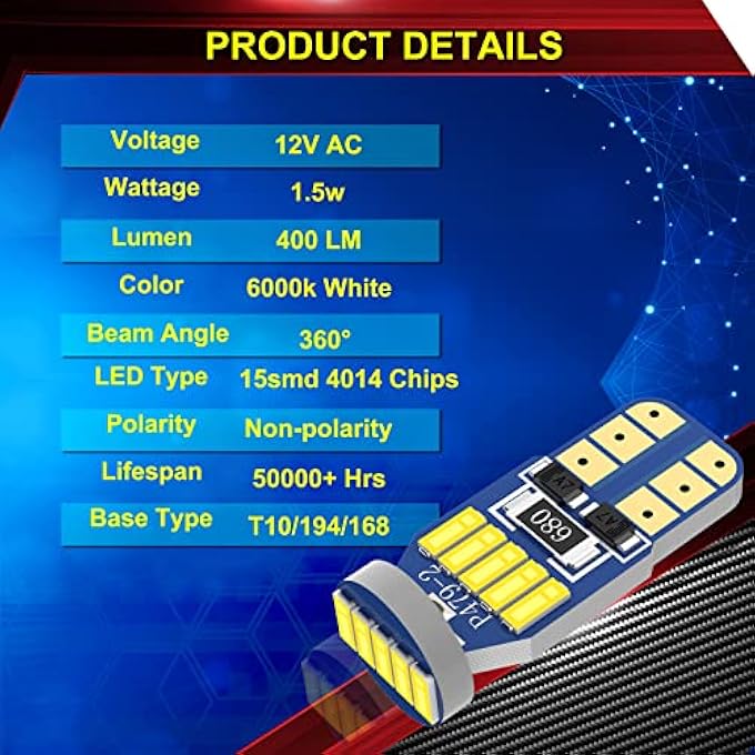 XINYANG 10Pcs 194 Led Car Bulbs Canbus No Error T10 168 Led Light Bulbs 15Smd 4014 Chipset 175 2825 NonPolarity Led Lights For Car Interior Dome Map Door Courtesy License Plate 6000K White - Image 4