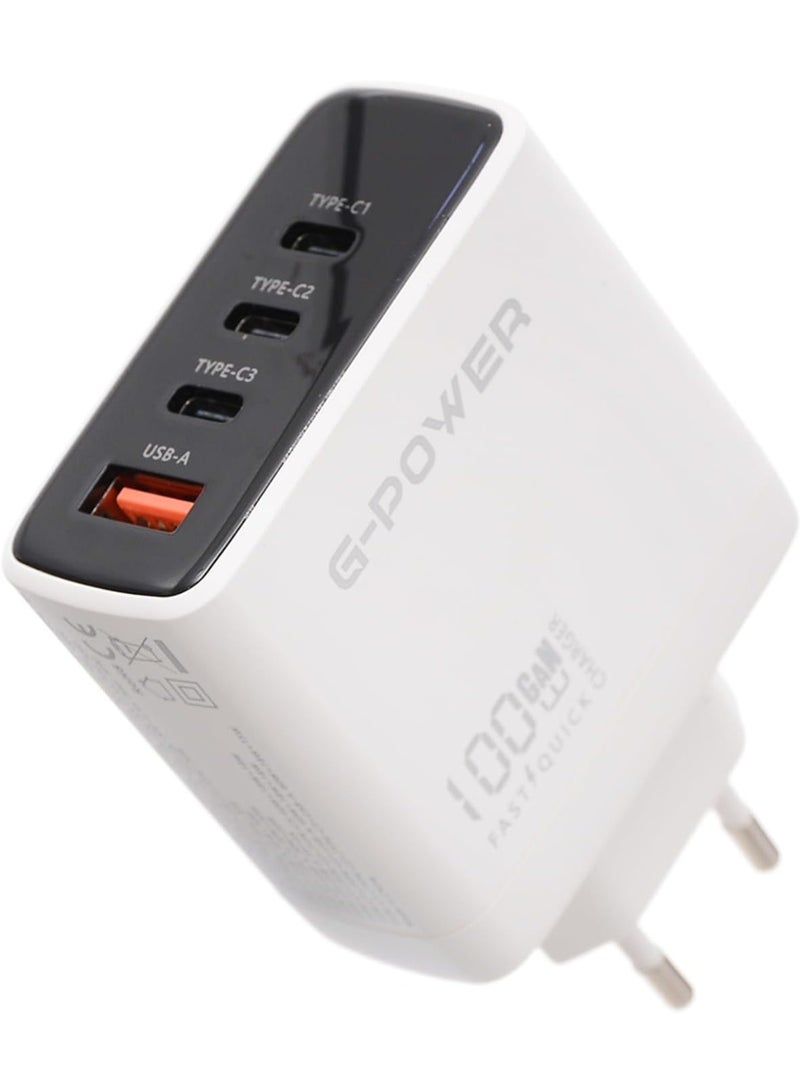 جي باور شاحن جي-باور GP-C17 بقوة 100 واط، بأربعة منافذ (USB-A و3 منافذ USB-C)، يدعم تقنية الشحن السريع كوالكوم 3.0، متوافق مع أجهزة ماك بوك برو، وآيباد، وجالاكسي، وبيكسل، وآيفون، وغيرها - أبيض - Image 1