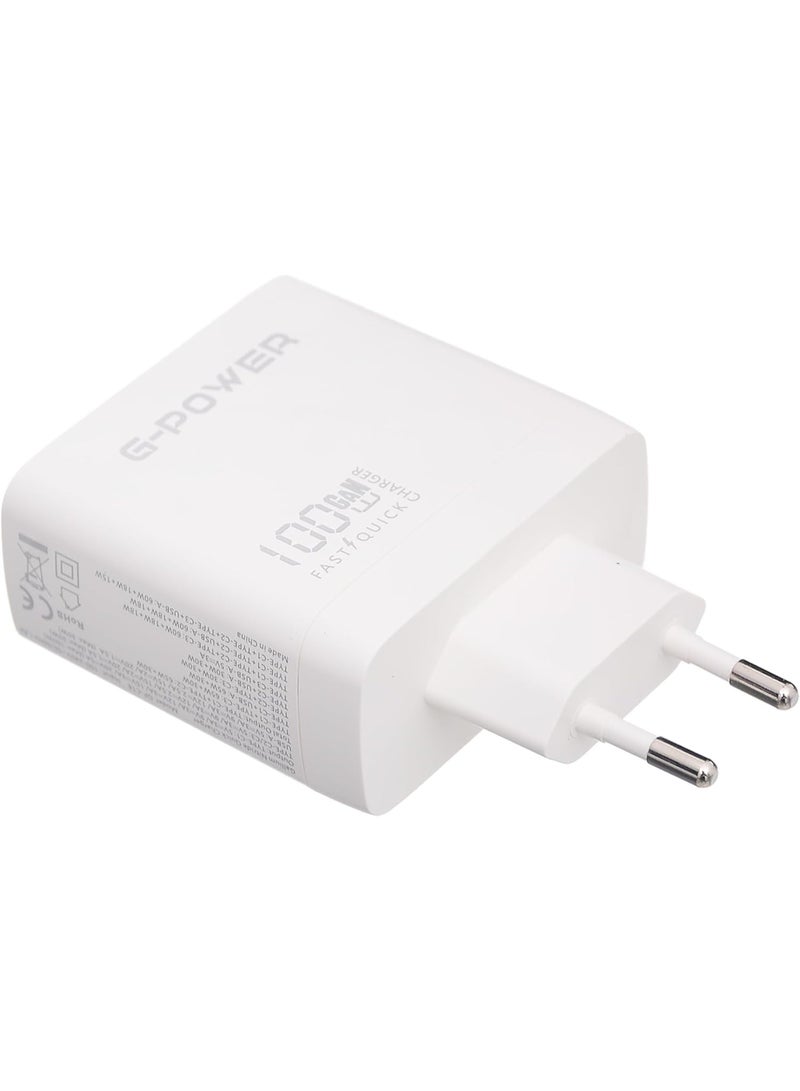 جي باور شاحن جي-باور GP-C17 بقوة 100 واط، بأربعة منافذ (USB-A و3 منافذ USB-C)، يدعم تقنية الشحن السريع كوالكوم 3.0، متوافق مع أجهزة ماك بوك برو، وآيباد، وجالاكسي، وبيكسل، وآيفون، وغيرها - أبيض - Image 3