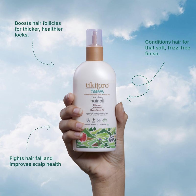 Tikitoro Teens Nourishing Hair Oil 100 Vegan with Black seed oil Hibiscus  Argan Promotes Hair Growth  Conditions Scalp Nonsticky Nonsmelly  Nongreasy No Parabens  Sulphates 150 ml - Image 3