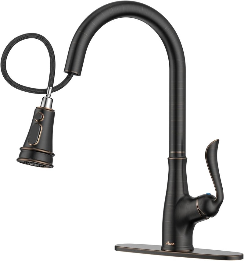 APPASO Pull Down Kitchen Faucet with Sprayer Oil Rubbed Bronze, Single Handle High Arc Faucet with Deck Plate, CUPC-Certified Pull-Out Hose, Water Supply Tubing, and Valve Core - Image 1