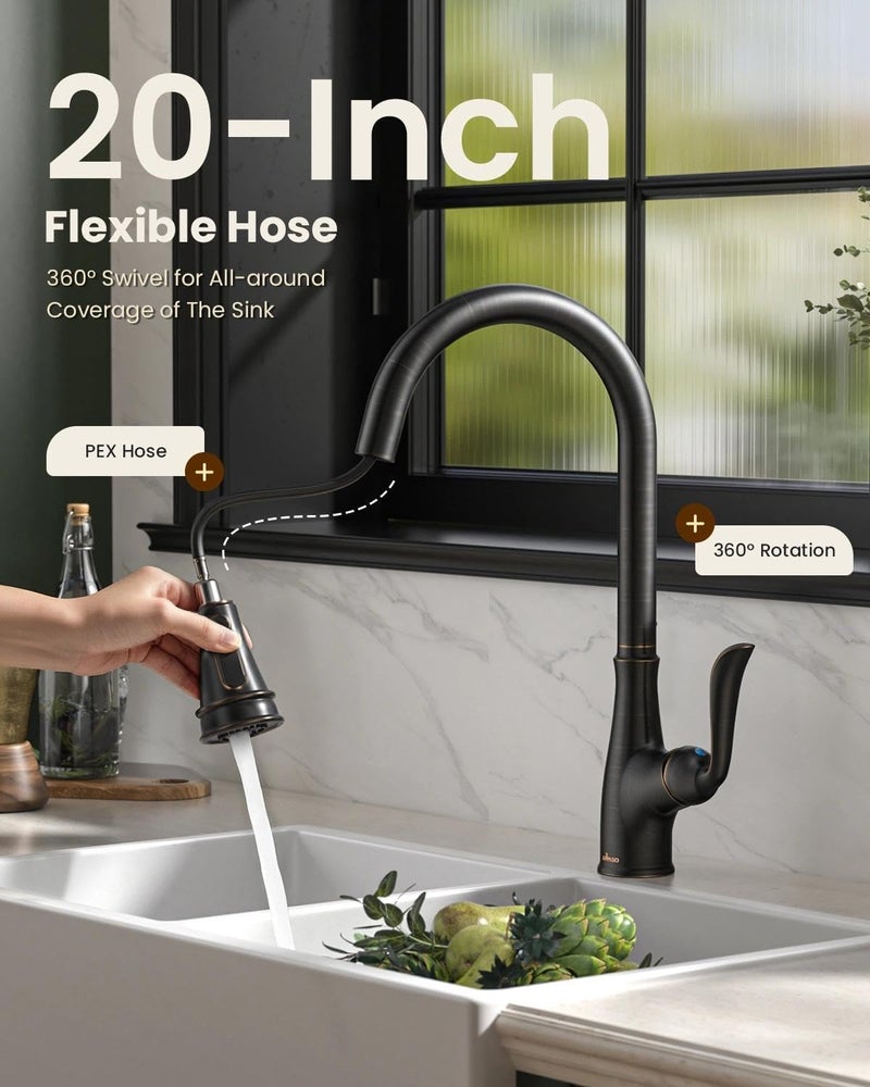 APPASO Pull Down Kitchen Faucet with Sprayer Oil Rubbed Bronze, Single Handle High Arc Faucet with Deck Plate, CUPC-Certified Pull-Out Hose, Water Supply Tubing, and Valve Core - Image 4