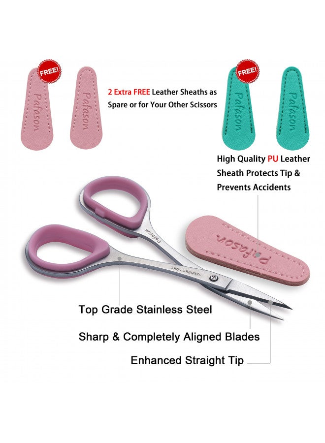 PAFASON 4" Stainless Steel Curved & Straight Embroidery Scissors Set with Premium PU Leather Cover Rubber Ring Handle Perfect for Cross Stitch Crochet Knitting Quilting Thread Yarn Sewing Cutting - Image 2