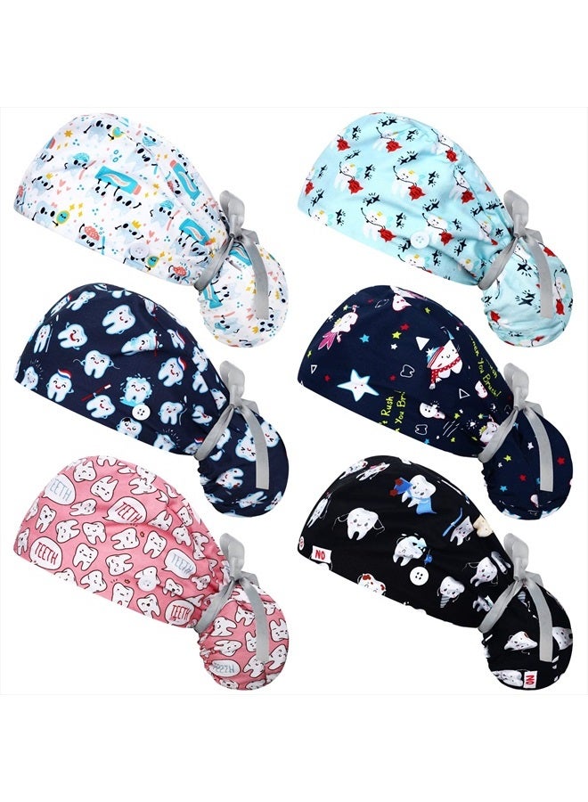 Honoson 6 Pcs Scrub Caps Women Dentist Nursing Hats with Buttons Adjustable Bouffant Nurse Hats Ponytail Holder Bouffant Turban Hats - Image 1