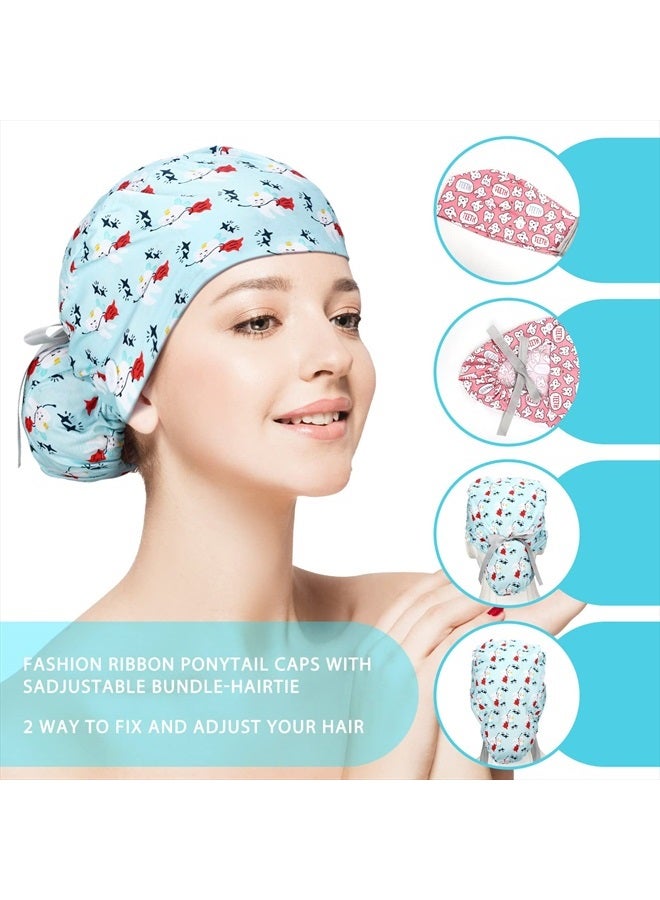 Honoson 6 Pcs Scrub Caps Women Dentist Nursing Hats with Buttons Adjustable Bouffant Nurse Hats Ponytail Holder Bouffant Turban Hats - Image 3