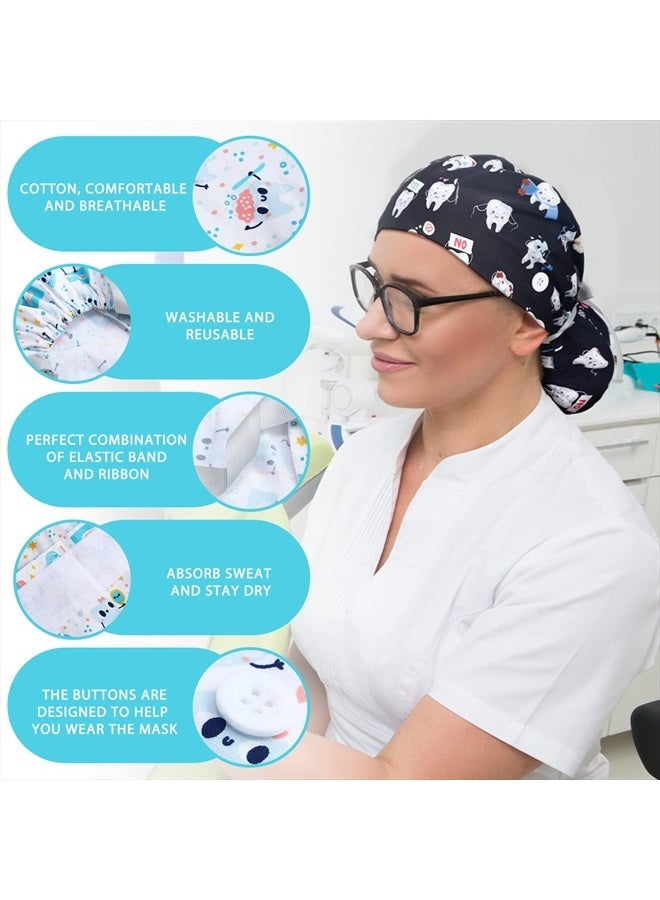 Honoson 6 Pcs Scrub Caps Women Dentist Nursing Hats with Buttons Adjustable Bouffant Nurse Hats Ponytail Holder Bouffant Turban Hats - Image 4