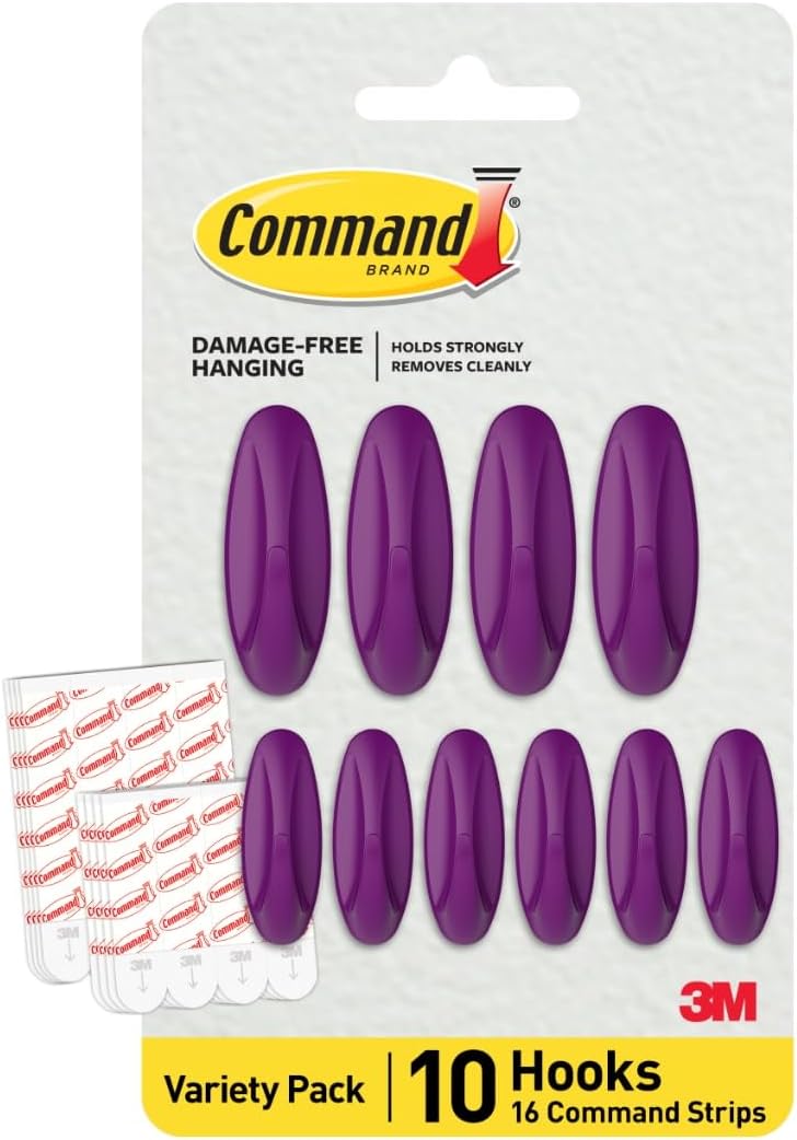 Command Mixed Designer Hook Pack, Candied Plum, 10 Hooks, 16 Strips, Colorful Hooks for Hanging, Great for Back to School Dorm Room Decorations and Classroom Organization - Image 1
