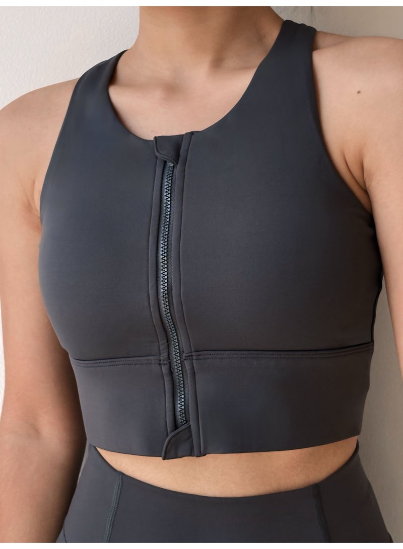 Texcraft Women’s Sleeveless Sports Crop Top – Dark Grey | Slim Fit, Scoop Neck, Solid Activewear for Gym & Yoga - Image 1