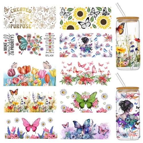 Coowayze UV DTF Cup Wraps for 16 oz Glass Cups 10 Sheets Rub on Transfers for Crafts Butterfly Uvdtf Decals Stickers for Tumblers Libbey Cups Furniture Wood Vinyl Wrap Bulk - Image 1