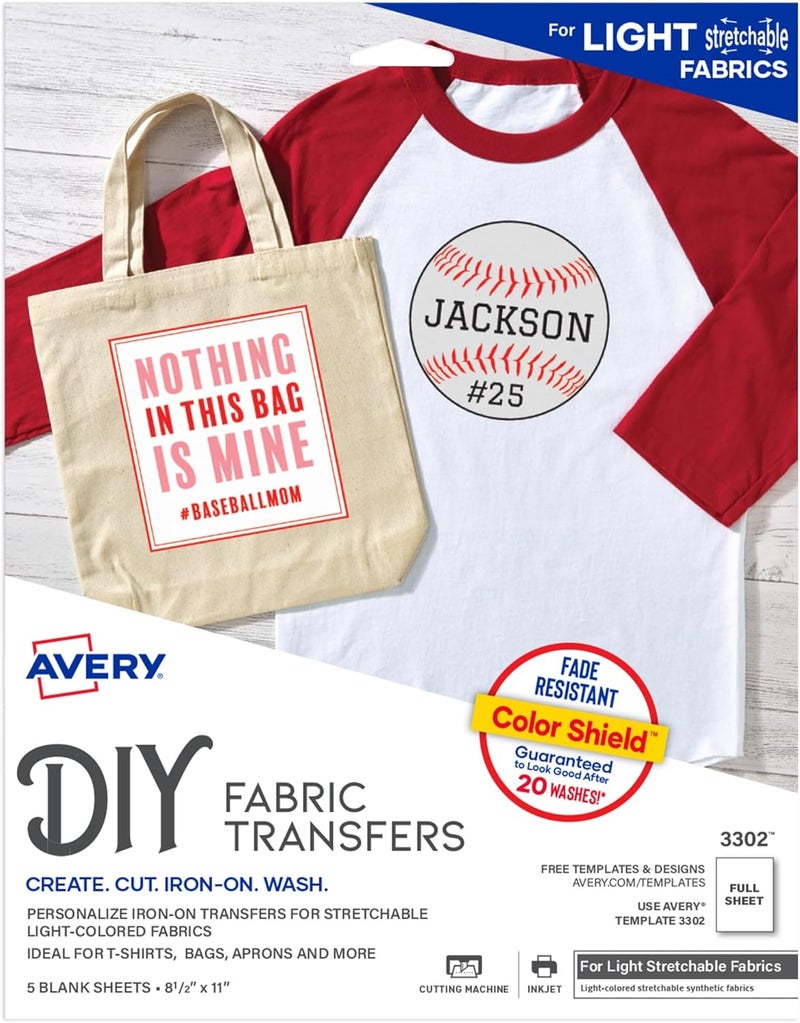 AVERY Printable Stretchable Heat Transfer Paper for Light Fabrics, 8.5" x 11", Inkjet Printer, 5 Sheets (3302) - Image 1