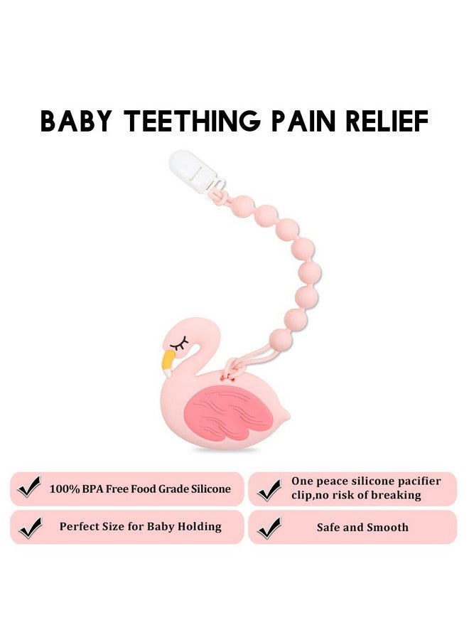 AmazingM Baby Food Grade Silicone Teether Toy with One Piece Design Pacifier Clip Holder,Teething Pain Relief Toys Gift Set for 3 Months+ Boys and Girls,Freezer Safe,BPA Free. (Pink Flamingo) - Image 1