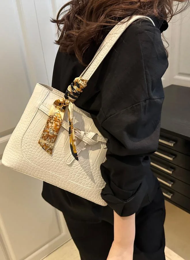 Take Two  White Croc-Embossed Shoulder Bag with Scarf Detail for Women | Best Price UAE