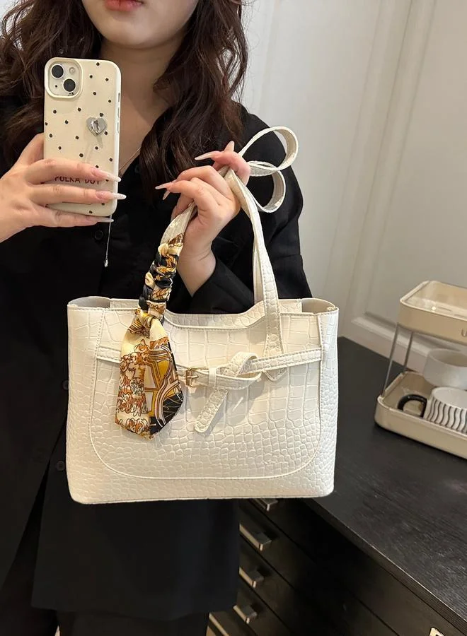Take Two White Croc-Embossed Shoulder Bag with Scarf Detail
