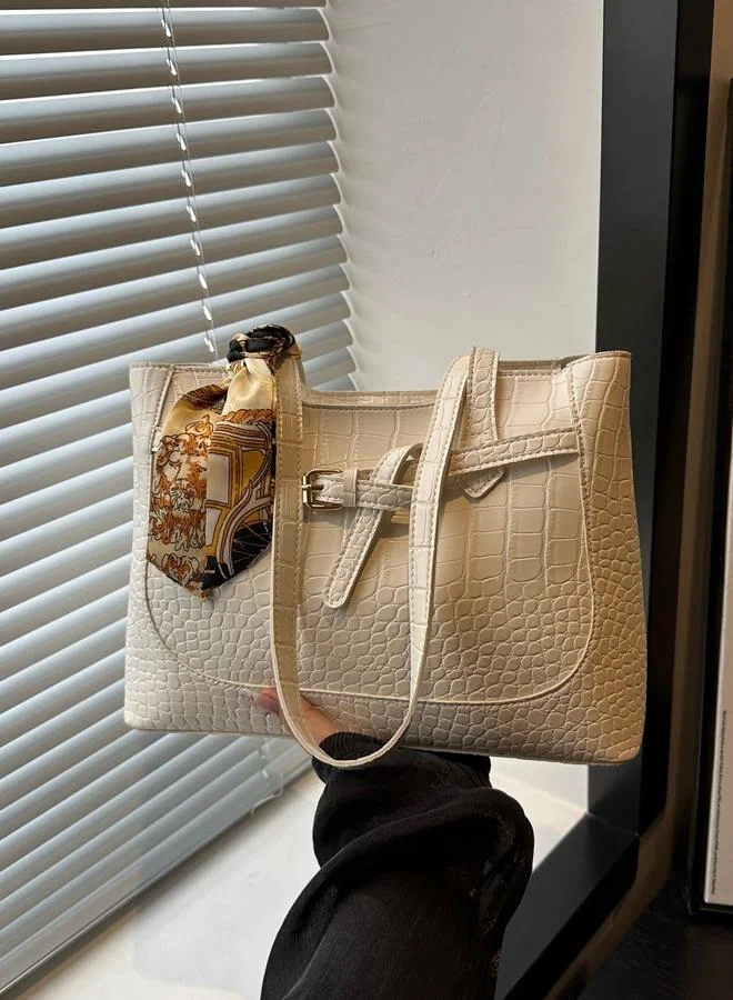 Take Two White Croc-Embossed Shoulder Bag with Scarf Detail