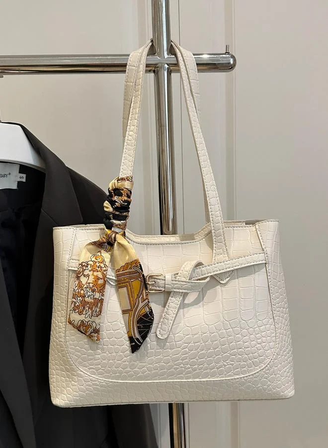 Take Two  White Croc-Embossed Shoulder Bag with Scarf Detail for Women | Best Price UAE