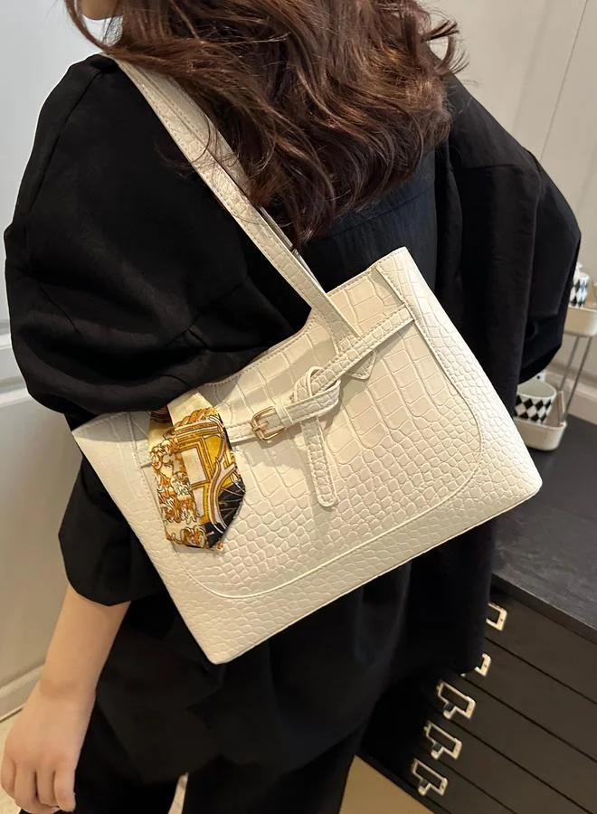 Take Two  White Croc-Embossed Shoulder Bag with Scarf Detail for Women | Best Price UAE