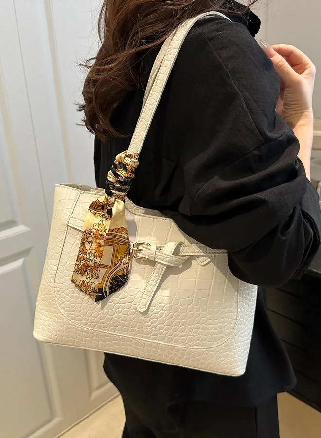 Take Two  White Croc-Embossed Shoulder Bag with Scarf Detail for Women | Best Price UAE