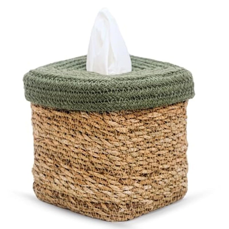 DENOVA Seagrass Tissue Box Holder Square Facial Tissue Box Holder Tissue Dispenser for HomeOfficeCar 14X14X15 Cm Natural Olive - Image 1