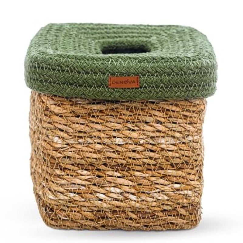 DENOVA Seagrass Tissue Box Holder Square Facial Tissue Box Holder Tissue Dispenser for HomeOfficeCar 14X14X15 Cm Natural Olive - Image 4