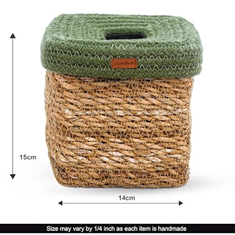 DENOVA Seagrass Tissue Box Holder Square Facial Tissue Box Holder Tissue Dispenser for HomeOfficeCar 14X14X15 Cm Natural Olive - Image 3