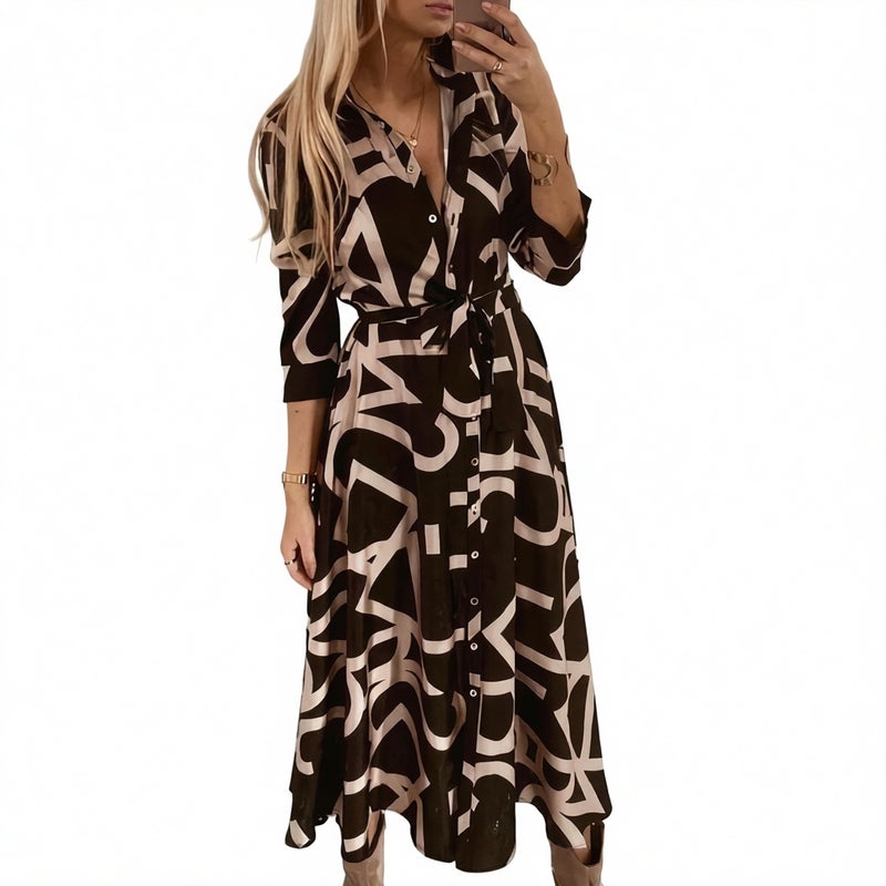 Women's V-Neck Printed Button Long Sleeve Tie Waist Dress - Image 5