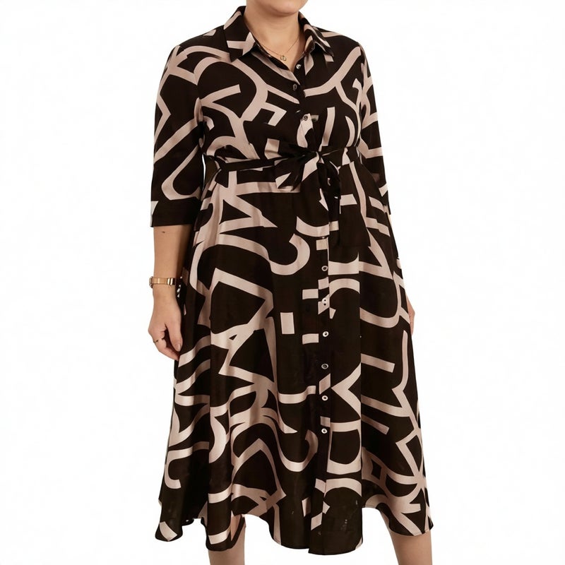 Women's V-Neck Printed Button Long Sleeve Tie Waist Dress - Image 2