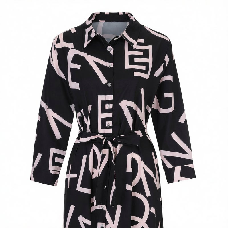Women's V-Neck Printed Button Long Sleeve Tie Waist Dress - Image 3