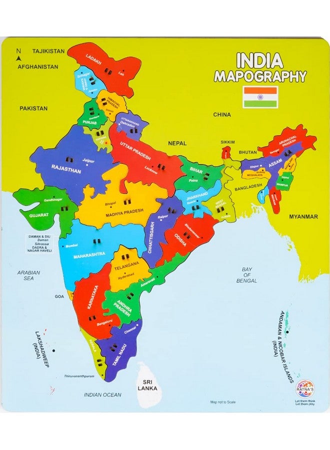 RATNA'S Ratna's Wooden India Mapography | Pick & Fix The Pieces with The Help of Plucker provided | Framed Jigsaw Puzzle Educational Toy and Learning Aid for Boys and Girls  - Image 1