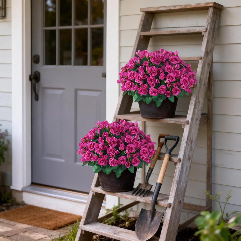 Juxdp 2 Set of Artificial Rose Topiary Trees - Faux Silk Flower Potted Plant, UV Resistant Fake Outdoor Rose Bush for Front Door, Farmhouse, Porch, Garden Decor (Rose Red) - Image 4