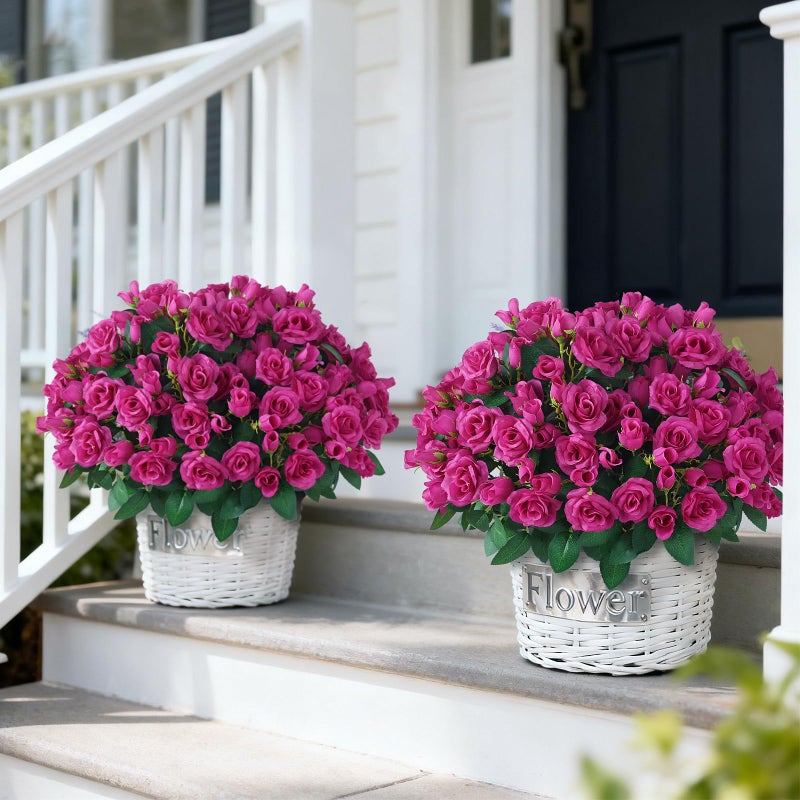 Juxdp 2 Set of Artificial Rose Topiary Trees - Faux Silk Flower Potted Plant, UV Resistant Fake Outdoor Rose Bush for Front Door, Farmhouse, Porch, Garden Decor (Rose Red) - Image 2