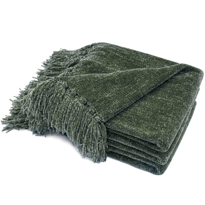 THROW BLANKET SOFT COZY CHENILLE THROW BLANKET WITH FRINGE TASSEL FOR COUCH SOFA CHAIR BED LIVING ROOM GIFT DARK GREEN 50 X 60