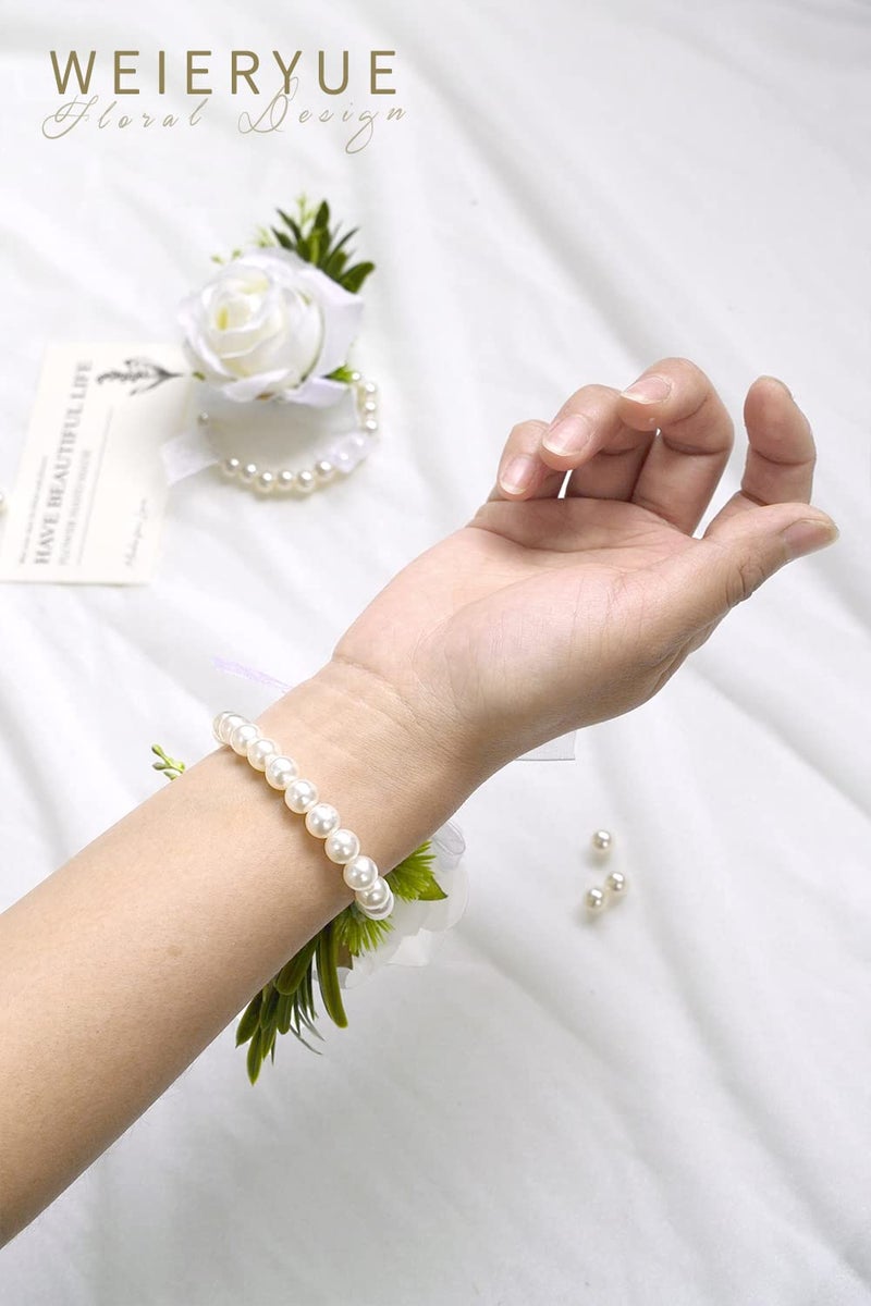WEIERYUE White Rose Wrist Flowers and Men's Corsage Wedding Flowers Ceremony 2Pcs Boutonniere Buttonholes and Wrist Corsage Wristband Roses Wrist Corsage(White Rose Set) - Image 3