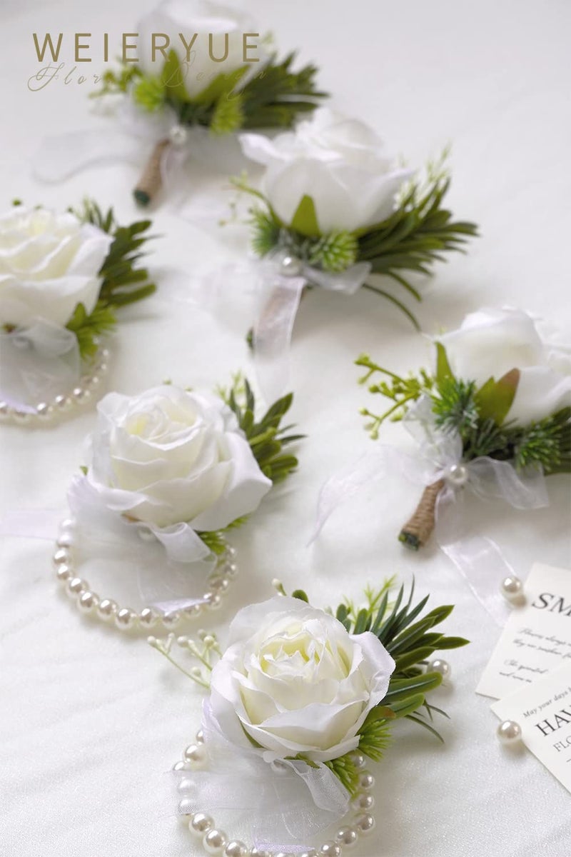 WEIERYUE White Rose Wrist Flowers and Men's Corsage Wedding Flowers Ceremony 2Pcs Boutonniere Buttonholes and Wrist Corsage Wristband Roses Wrist Corsage(White Rose Set) - Image 4
