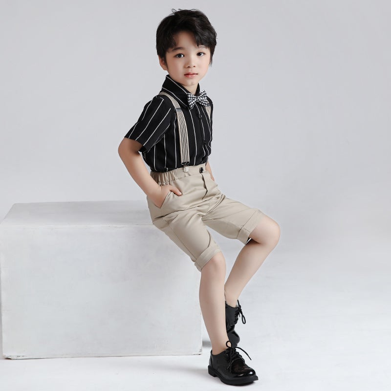 Children'S Suit 2024 Boys' Striped Short-Sleeved Suspender Pants Two-Piece Baby Chorus Host Dress - Image 2