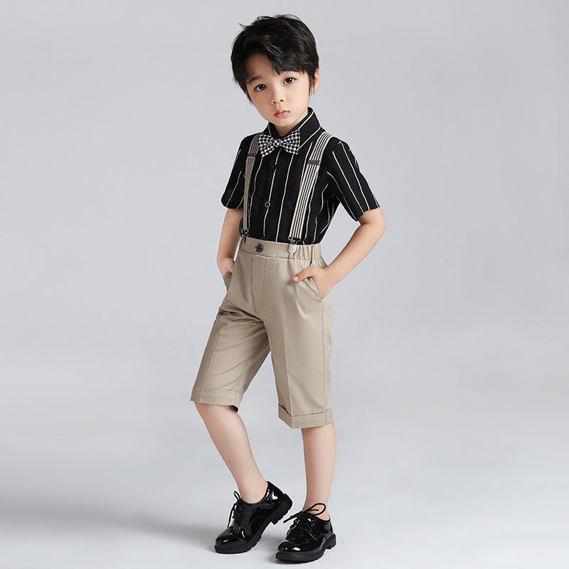 Children'S Suit 2024 Boys' Striped Short-Sleeved Suspender Pants Two-Piece Baby Chorus Host Dress - Image 4