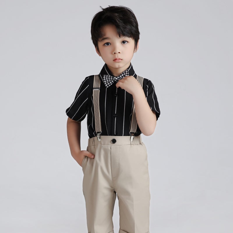Children'S Suit 2024 Boys' Striped Short-Sleeved Suspender Pants Two-Piece Baby Chorus Host Dress - Image 5