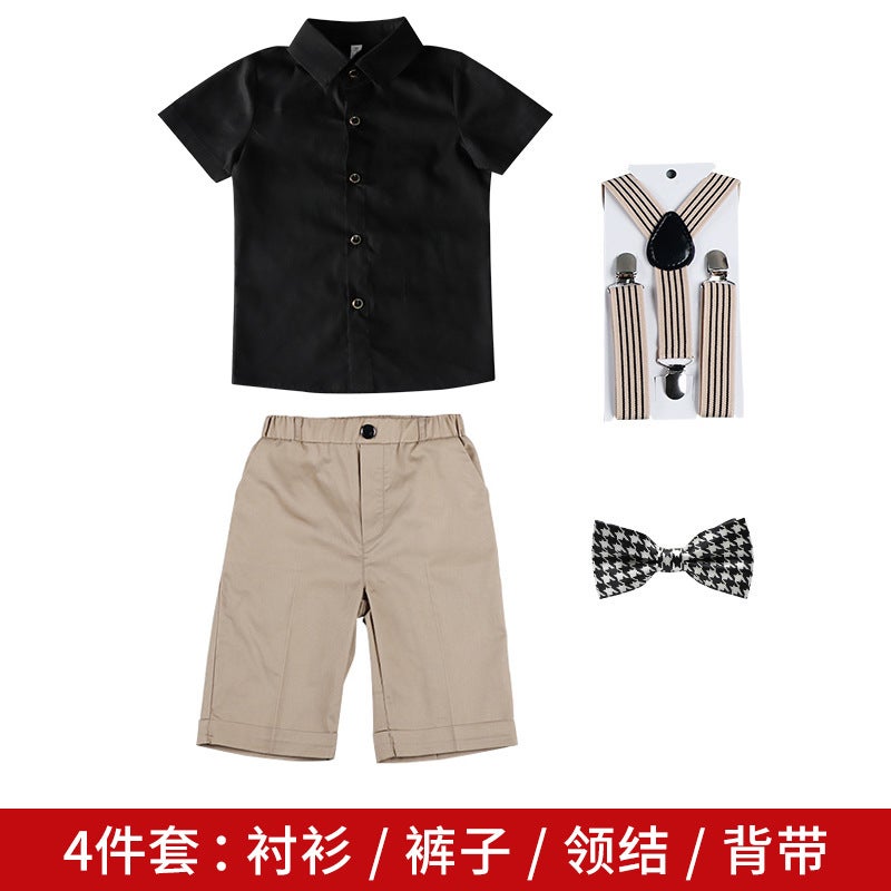 Children'S Suit 2024 Boys' Striped Short-Sleeved Suspender Pants Two-Piece Baby Chorus Host Dress - Image 1