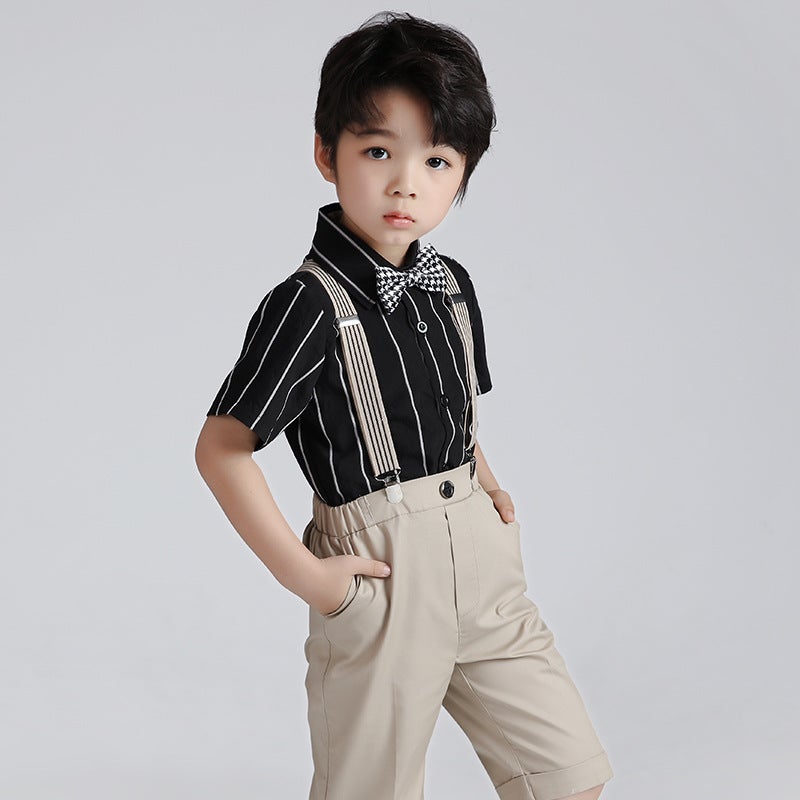 Children'S Suit 2024 Boys' Striped Short-Sleeved Suspender Pants Two-Piece Baby Chorus Host Dress - Image 3