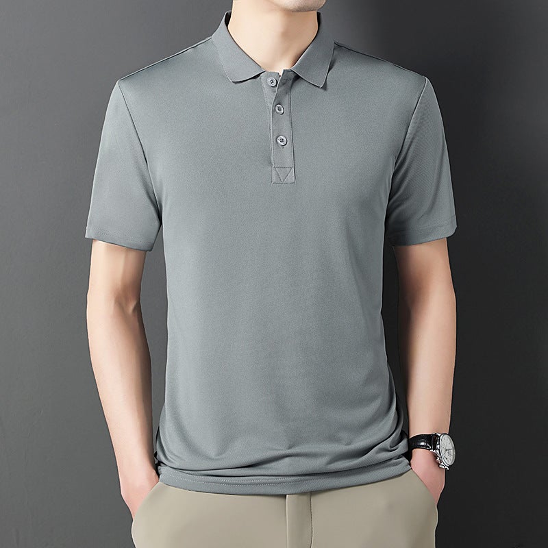 POLO shirt short-sleeved mens shirt young and middle-aged spring thin casual high-end lapel solid color blended ice silk mens hair generation Sky Blue - Image 4