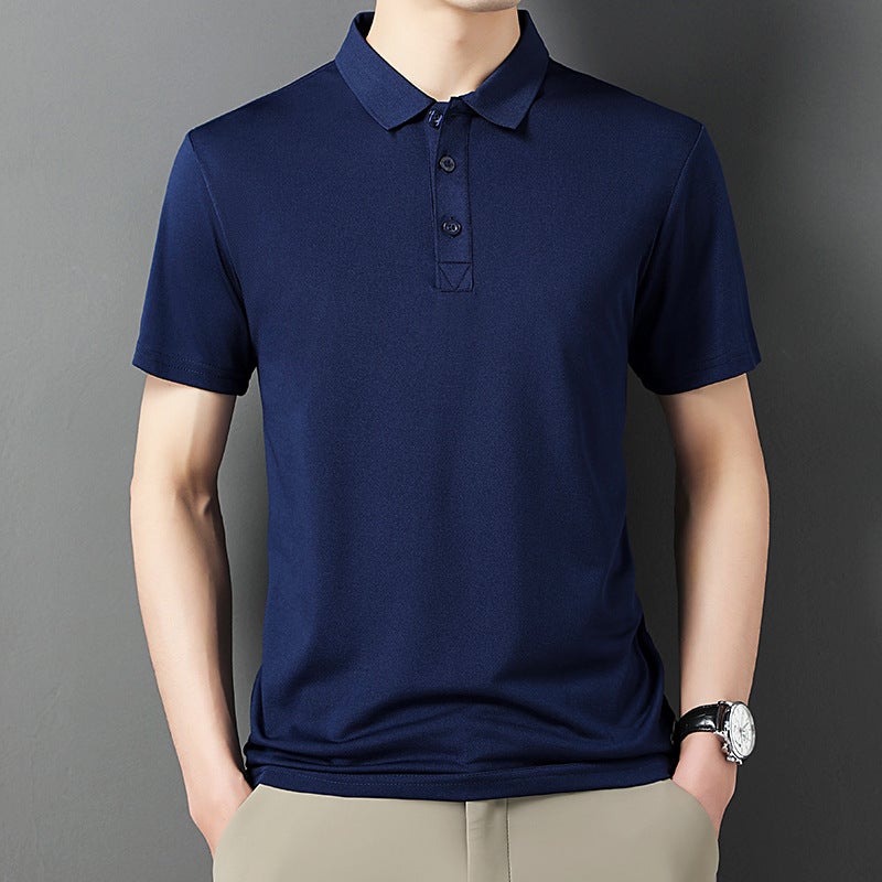 POLO shirt short-sleeved mens shirt young and middle-aged spring thin casual high-end lapel solid color blended ice silk mens hair generation Sky Blue - Image 2