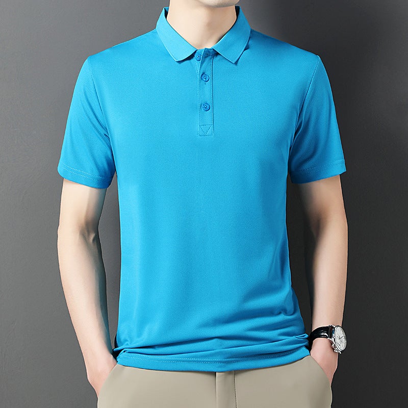 POLO shirt short-sleeved mens shirt young and middle-aged spring thin casual high-end lapel solid color blended ice silk mens hair generation Sky Blue - Image 3