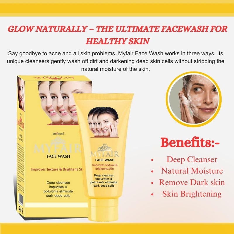 MYFAIR Fairness Facewash Dark Dead Cell Removal Deep Cleansing & Brightening Removes Dirt, Oil & Impurities Gentle & Hydrating formula Facewash for All Skin Types (60gm) - Pack of 01 - Image 3