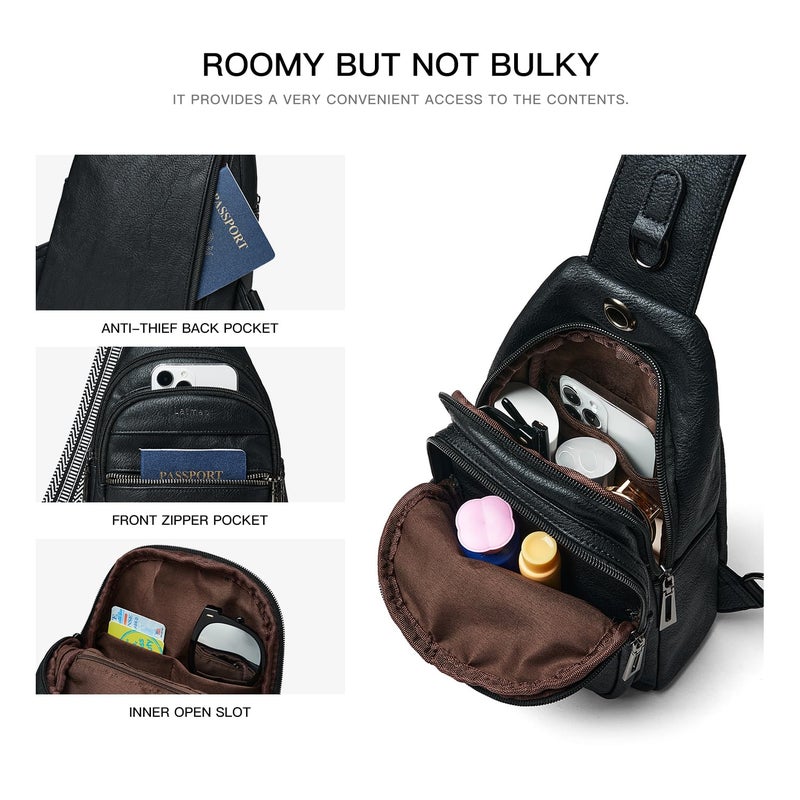 LATMAP 7L Sling Bag For Women Faux Leather Anti Theft Small Casual Daypack Backpack Fanny Pack Crossbody Chest Bags Purse Waterproof Black - Image 5