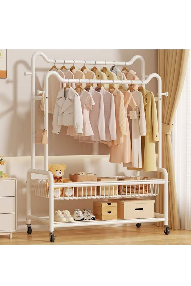 High-function dual-track clothes rack with side hooks, lower storage area and wheels. Suitable for hanging clothes, shoes and bags in the bedroom or on the balcony. (White) - Image 1
