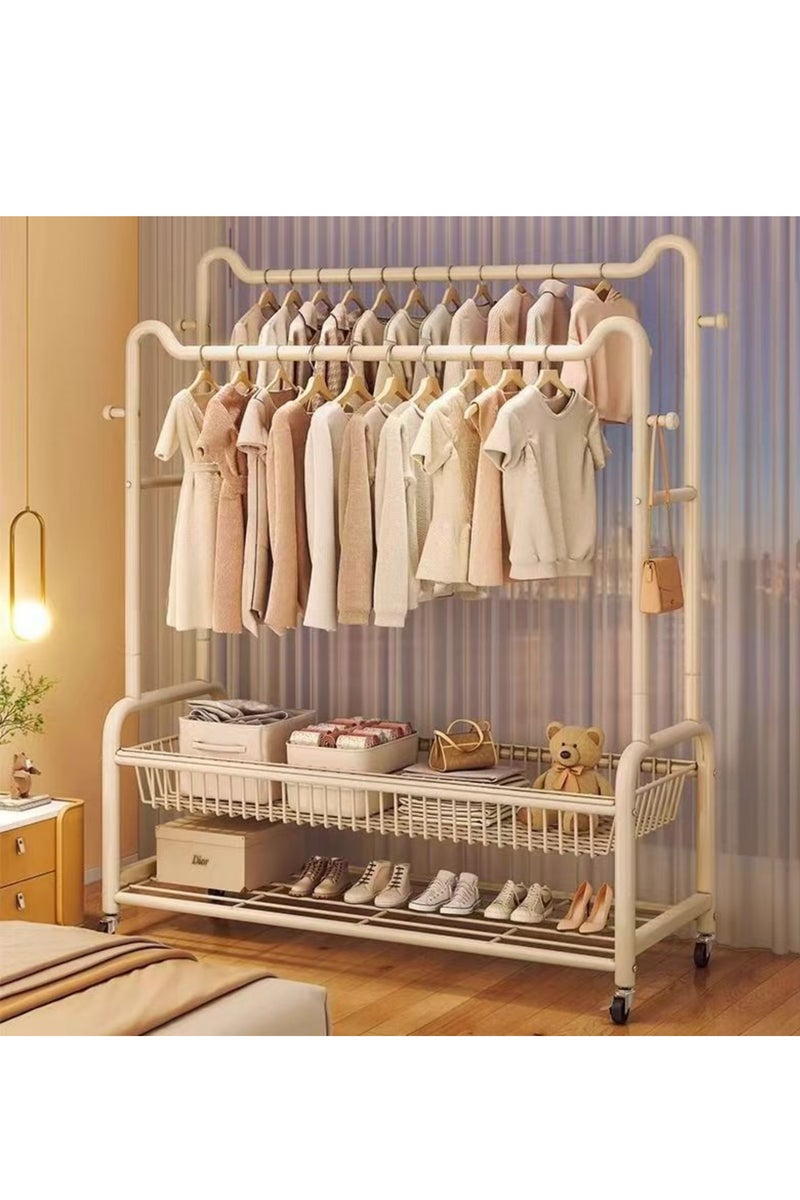 High-function dual-track clothes rack with side hooks, lower storage area and wheels. Suitable for hanging clothes, shoes and bags in the bedroom or on the balcony. (White) - Image 2