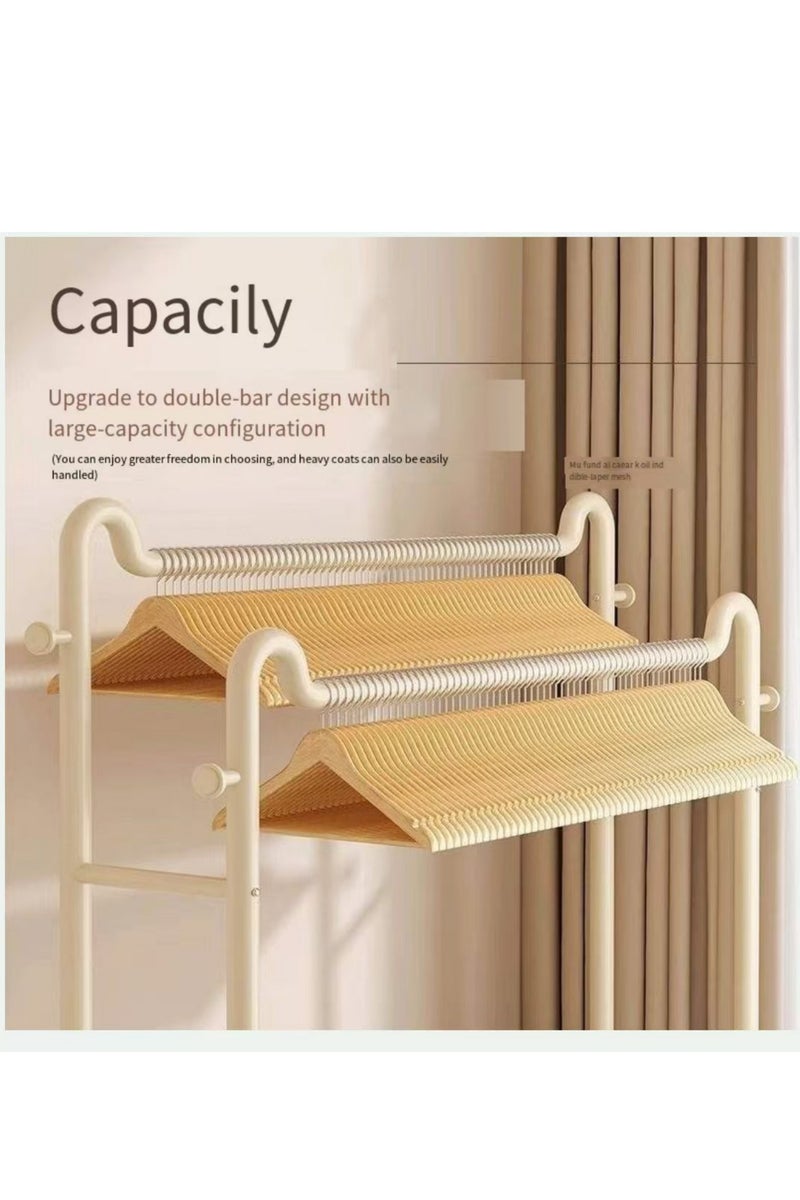 High-function dual-track clothes rack with side hooks, lower storage area and wheels. Suitable for hanging clothes, shoes and bags in the bedroom or on the balcony. (White) - Image 3