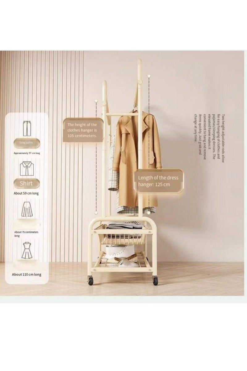 High-function dual-track clothes rack with side hooks, lower storage area and wheels. Suitable for hanging clothes, shoes and bags in the bedroom or on the balcony. (White) - Image 4