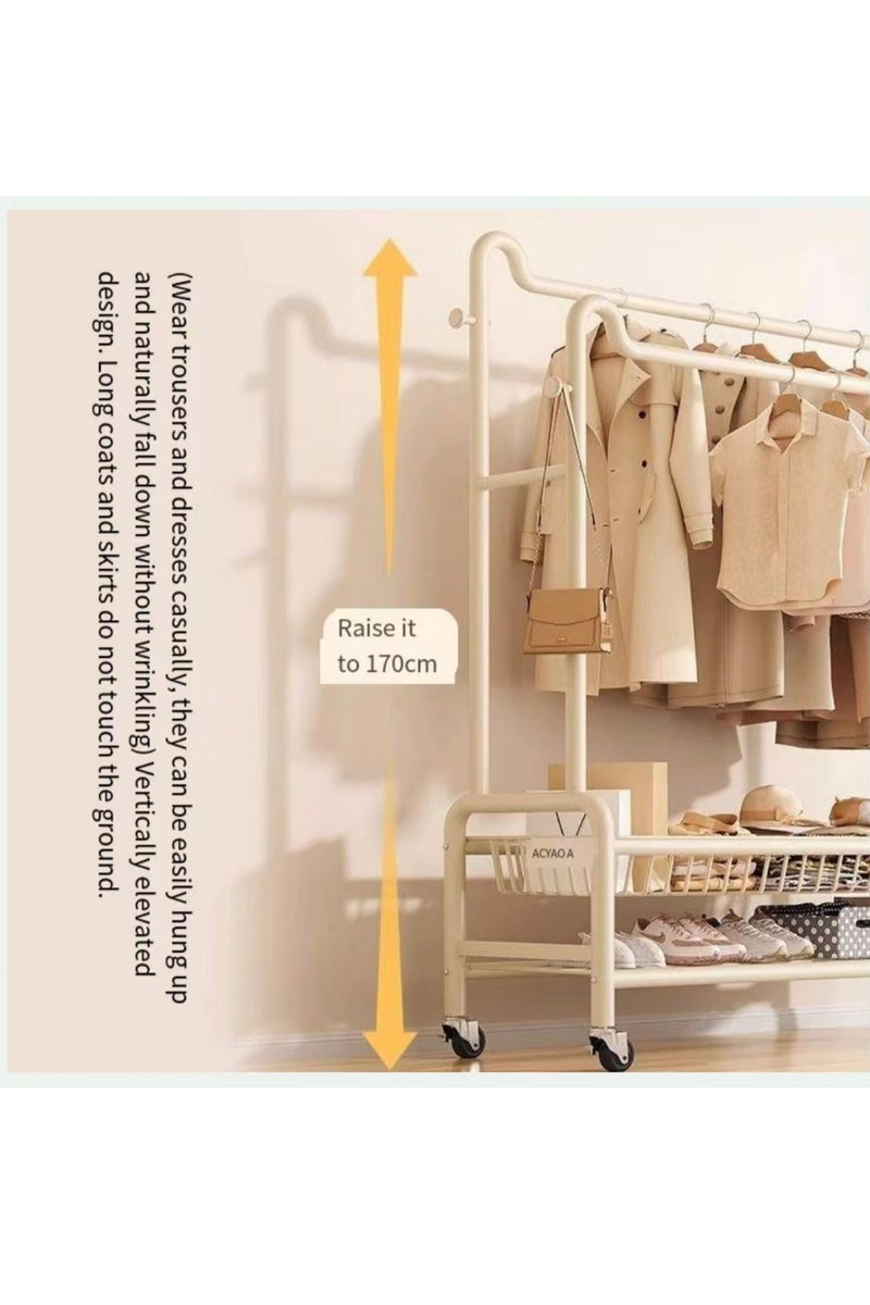 High-function dual-track clothes rack with side hooks, lower storage area and wheels. Suitable for hanging clothes, shoes and bags in the bedroom or on the balcony. (White) - Image 5