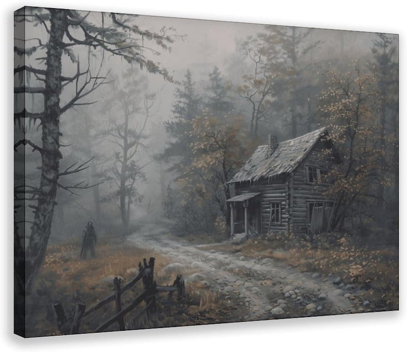 Kroey Rustic Cabin in Foggy Autumn Forest, Dark Cottagecore Vintage Fall Landscape Art Moody Rustic Decor, Fall Wall Art Farmhouse Print Frame-style 12x18inch(30x45cm) - Image 1
