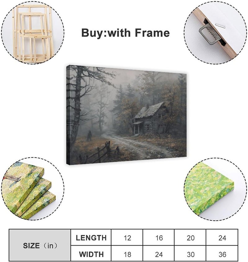 Kroey Rustic Cabin in Foggy Autumn Forest, Dark Cottagecore Vintage Fall Landscape Art Moody Rustic Decor, Fall Wall Art Farmhouse Print Frame-style 12x18inch(30x45cm) - Image 2